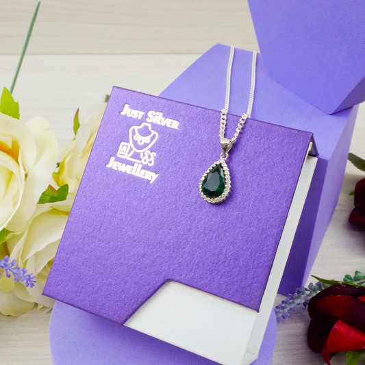 "Pear Cut" Emerald Zirconia & White Zirconia Gems & chain