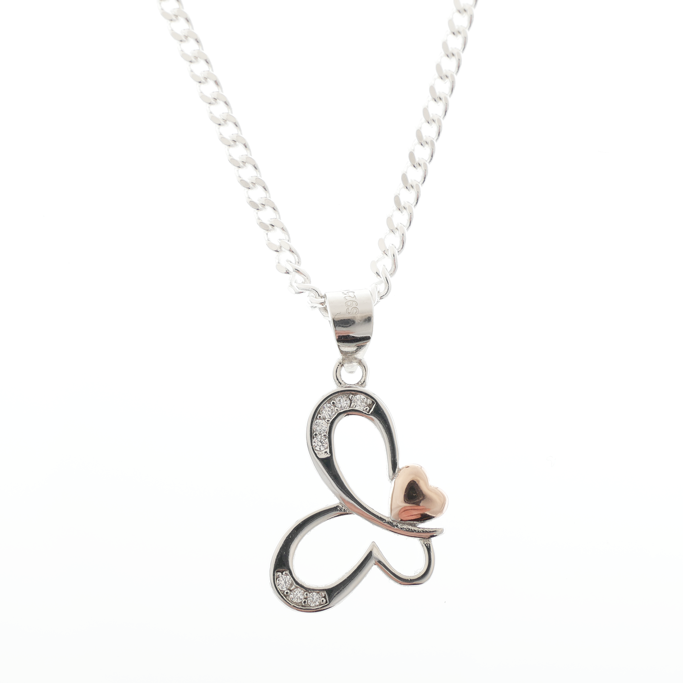"Butterfly" with rose-gold plated heart pendant & chain