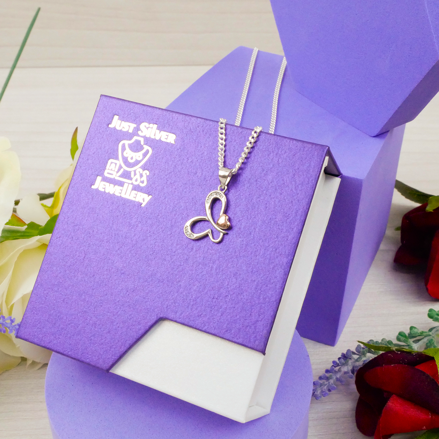 "Butterfly" with rose-gold plated heart pendant & chain