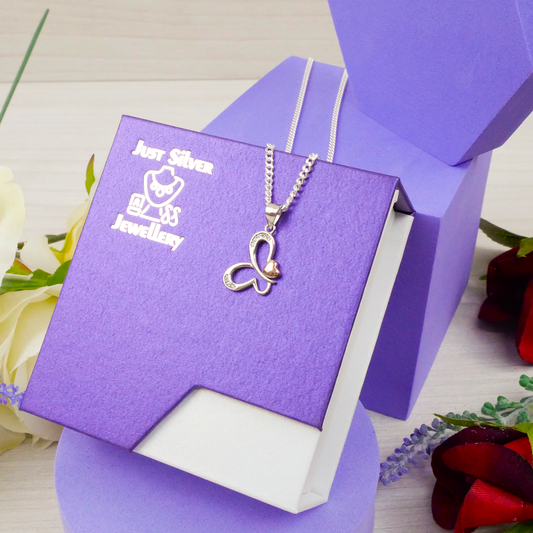 "Butterfly" with rose-gold plated heart pendant & chain