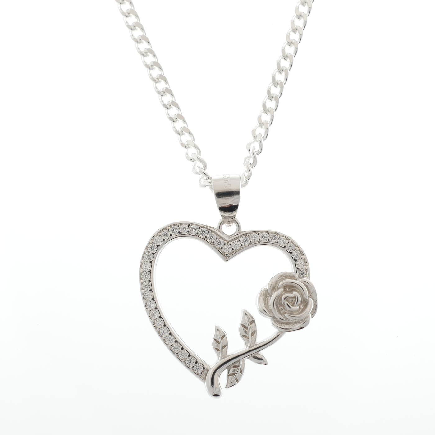 "Heart & Rose" White Zirconia pendant & chain