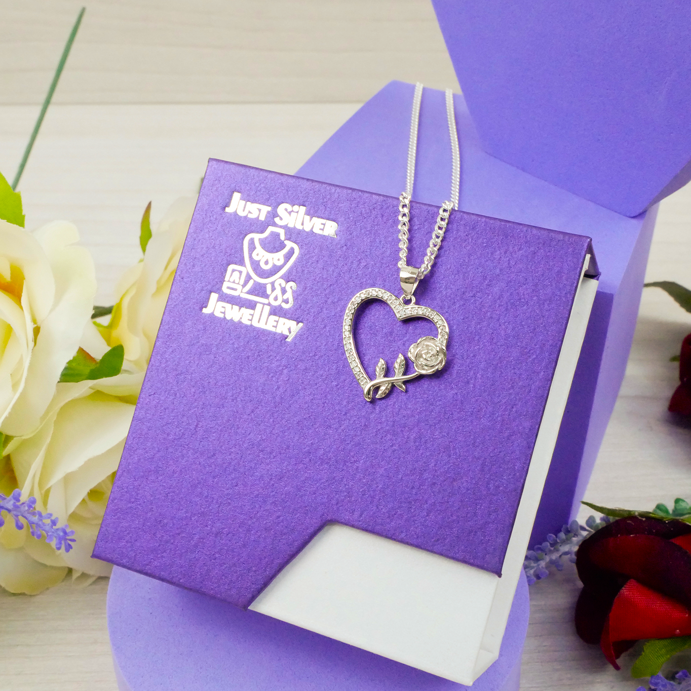 "Heart & Rose" White Zirconia pendant & chain