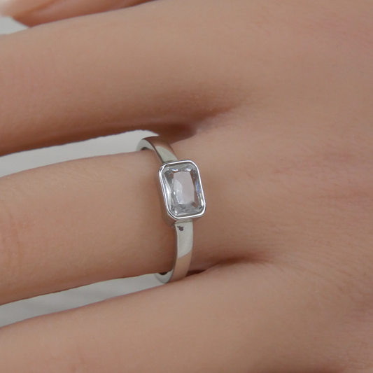 Silver emerald cut solitaire Zirconia ring