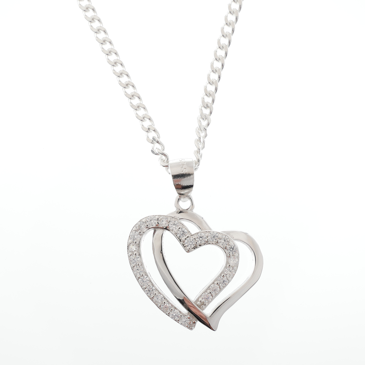 "Twin Hearts Together" Zirconia pendant & chain