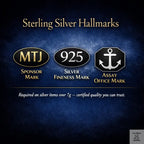 Silver jewelry with visible markings on a yellow background, featuring 'MTJ Sponsor Mark', '925 Silver Fineness Mark', and 'Assay Office Mark'.
