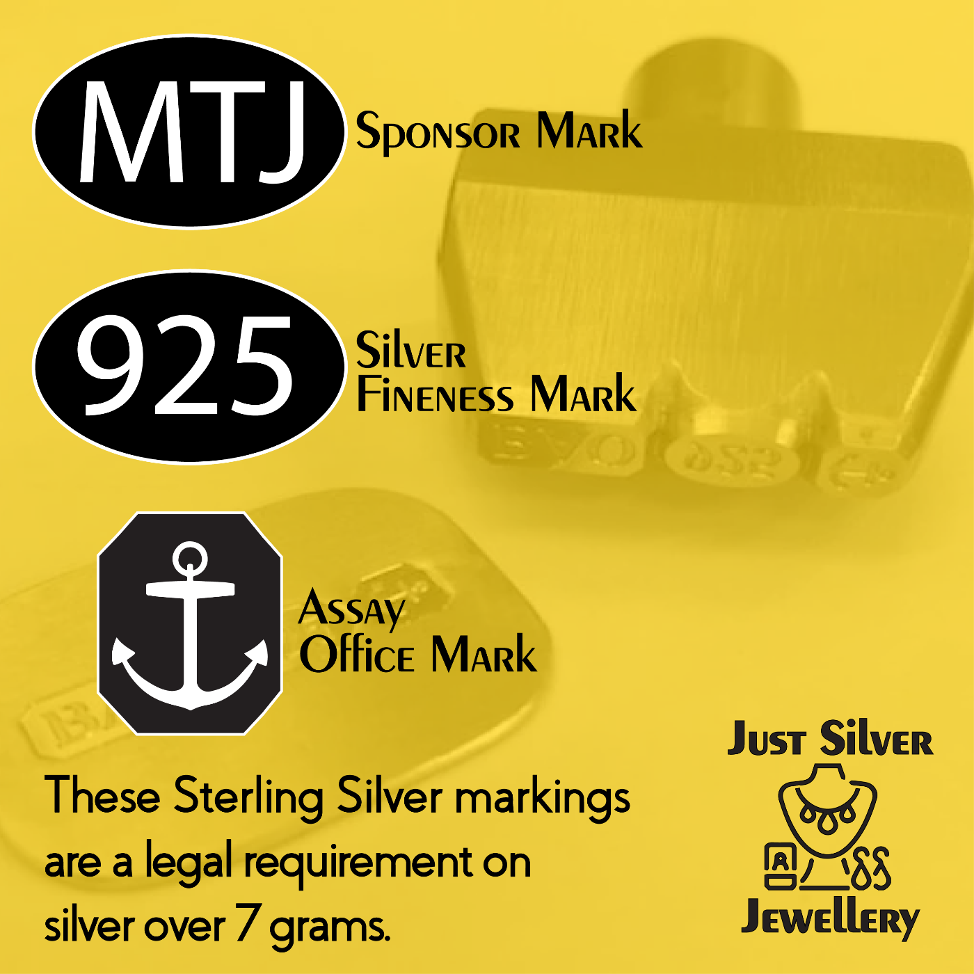 Silver jewelry with visible markings on a yellow background, featuring 'MTJ Sponsor Mark', '925 Silver Fineness Mark', and 'Assay Office Mark'.