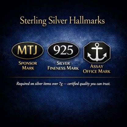 Silver jewelry with visible markings on a yellow background, featuring 'MTJ Sponsor Mark', '925 Silver Fineness Mark', and 'Assay Office Mark'.