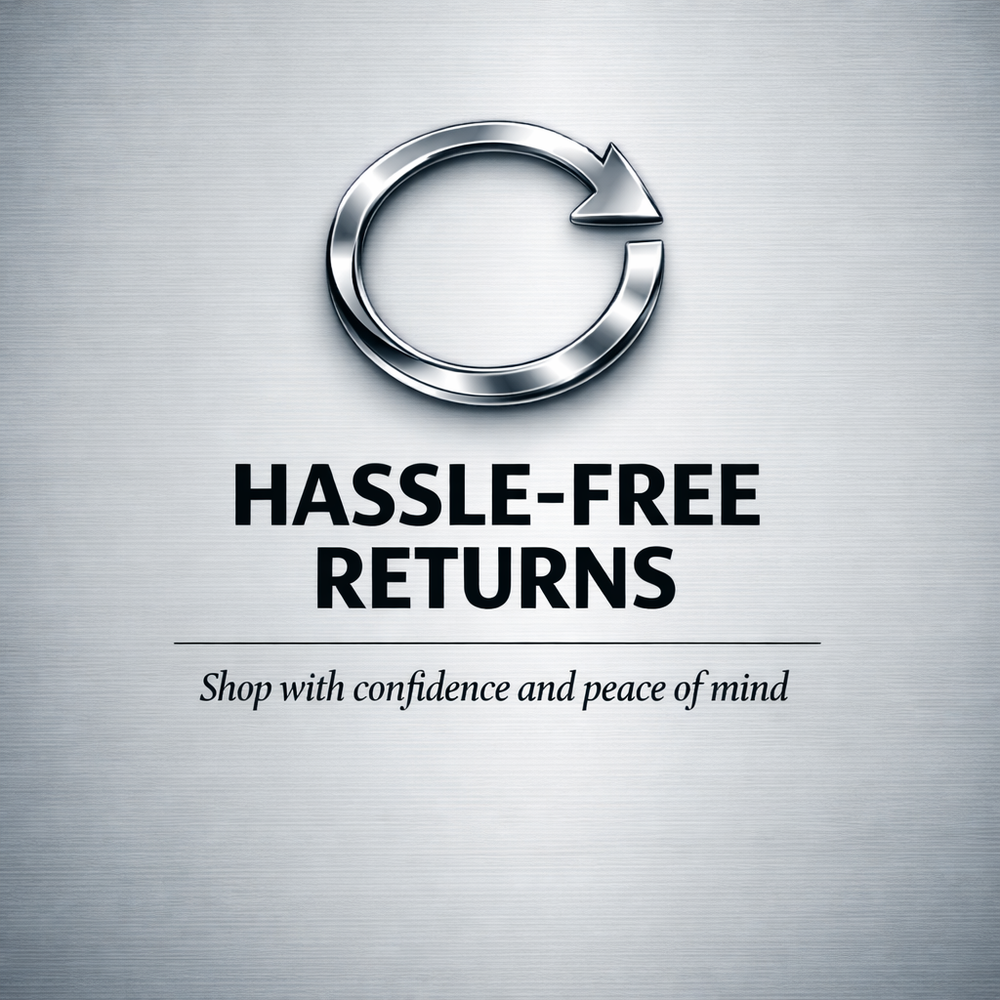 A metallic silver circular arrow icon above the bold black text 'HASSLE-FREE RETURNS' and the tagline 'Shop with confidence and peace of mind' on a brushed silver background.