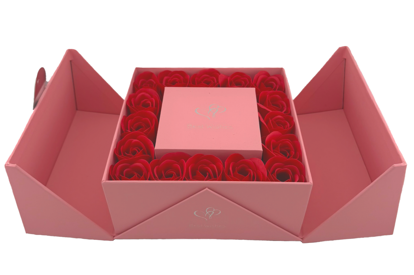 A red Eternity Double Door Rose Gift Box with a flip-top opening, containing a bed of red roses.