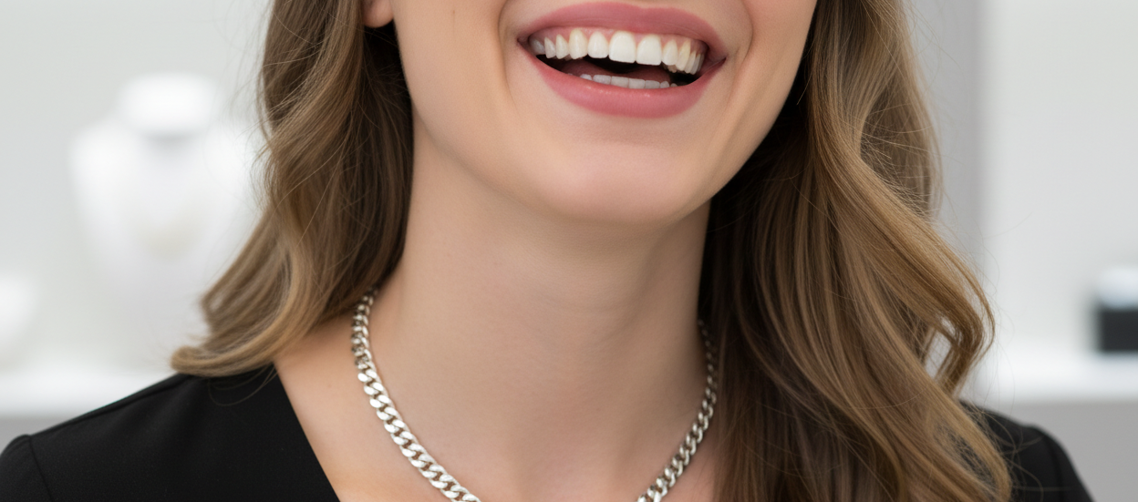 Woman wearing a silver chain necklace with a blurred background
